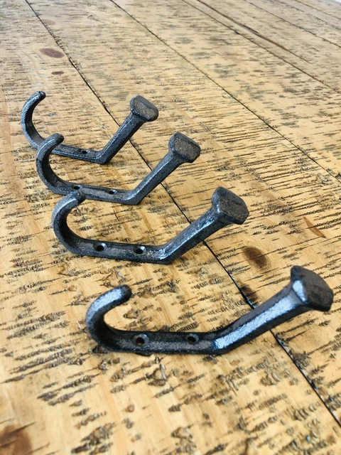 4 Rustic Coat Hooks Cast Iron Wall Mount Hat Hook Towel Railroad Spikes Bath