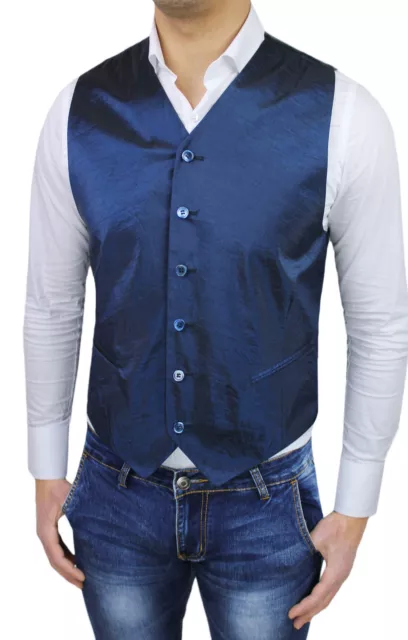 Elegante Gilet Uomo Diamond Blu Lucido Smanicato Panciotto Sartoriale Made Italy