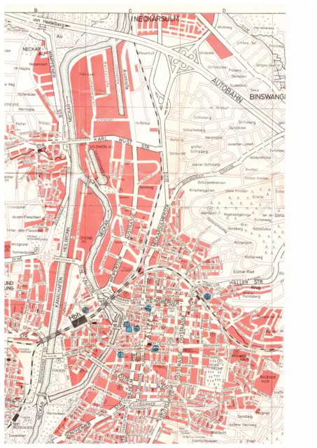 alter Falt - Stadtplan Heilbronn Baden - Württemberg / um 1960