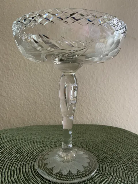 8" Tall Compote Pedestal Bowl Brilliant Etched Glass Crystal Floral Pattern Vtg