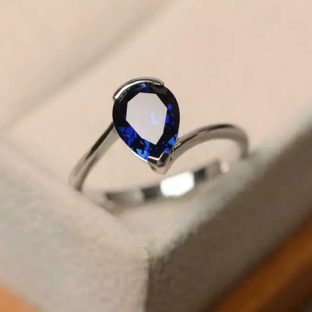 925 Plata de Ley 2.25 CT Zafiro Azul Anillo Solitario de Compromiso Talla 10