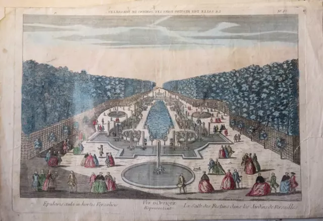 Grande Gravure Xviii Vue D'optique Couleur Jardin Chateau Versailles Fontaine