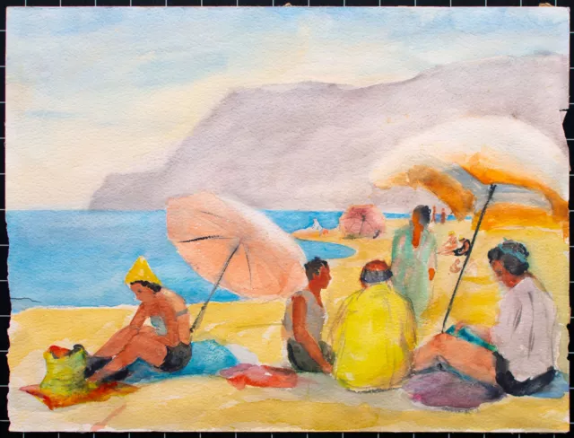 Elfriede Michel Ischia Italy Beach Bathing Original Watercolor 1957 2