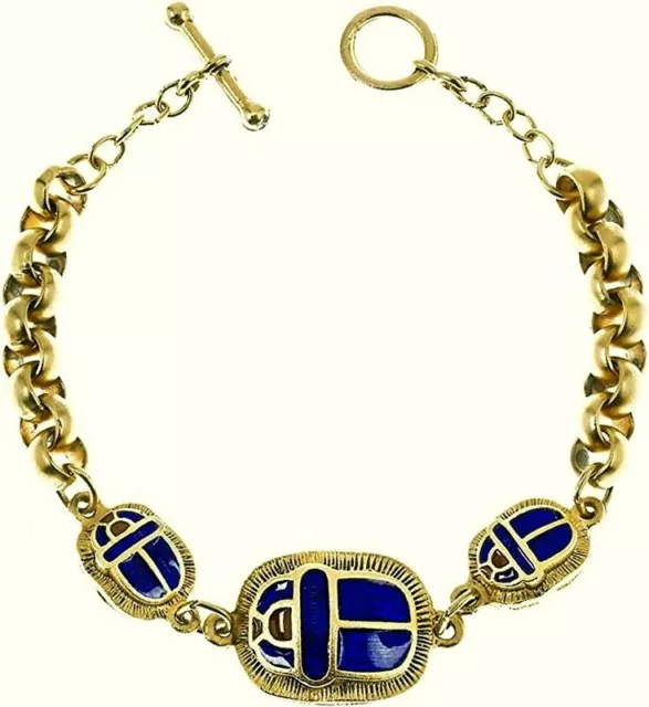 Egyptian Jewelry 3 Scarab Bracelet Blue  Enamel 24K Gold-Plated Pewter  & Brass