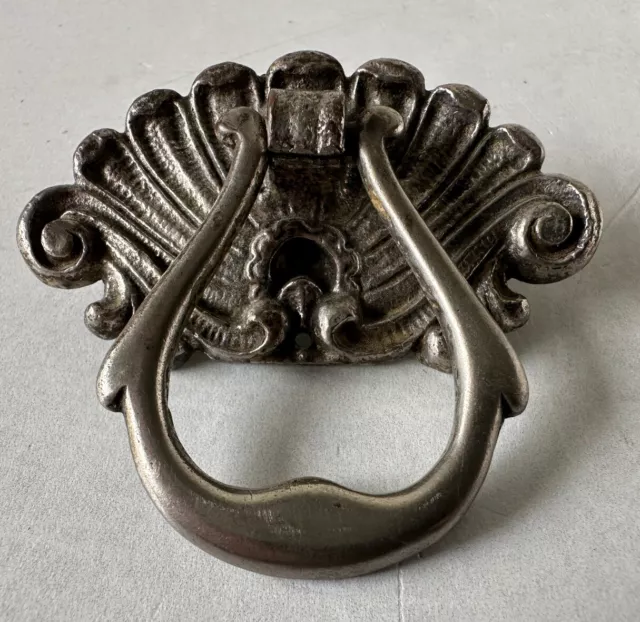 VICTORIAN Nickel Silver Tone Drawer Pull Antique Hardware Drop Ring Shell Knob