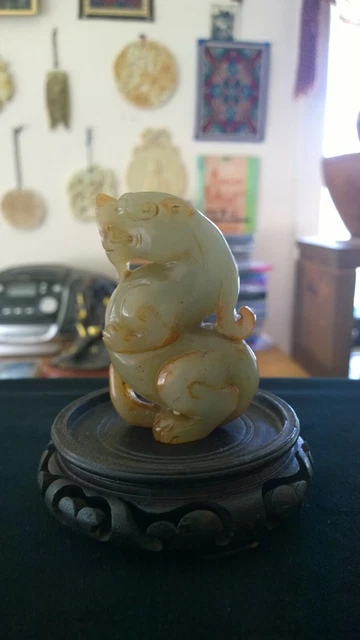 Nice Pale Celadon Jade w/Russet Standing Bixie Statue 3 1/2" Height 198gr.