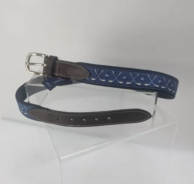 Vineyard Vines Belt Men's sz 30" to 32" Woven Canvas Leather Blue Hockey Sticks