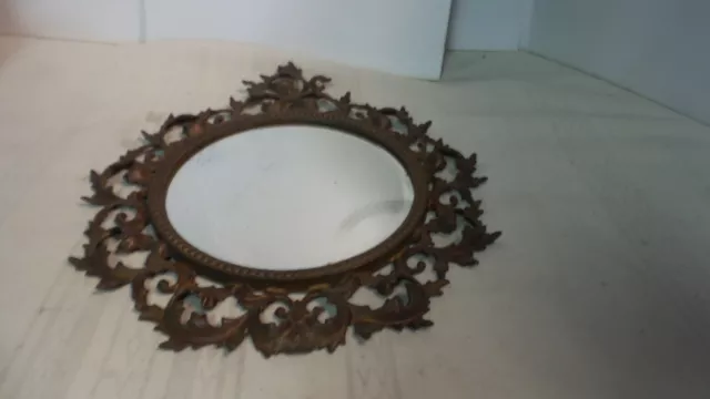 VTG CAST IRON LEAF DESIGN BEVELED MIRROR WALL HANGER 12"w x 14"t  BIG L@@K