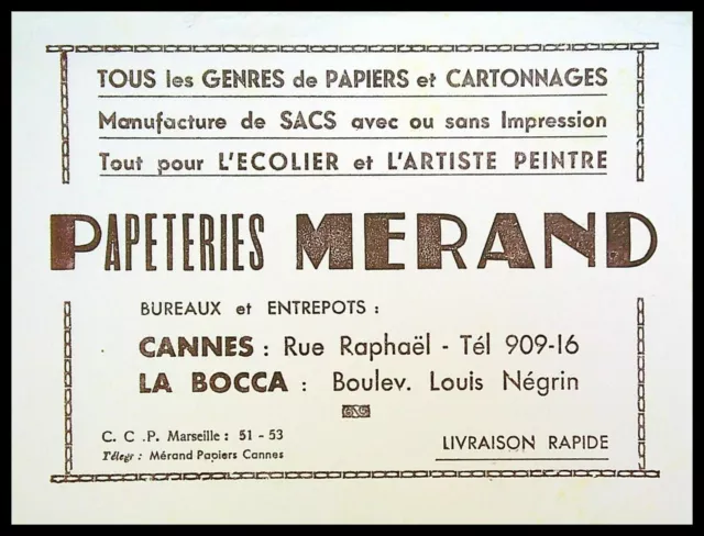 Buvard Publicitaire, Papeteries MERAND - Cannes - la Bocca - Papiers/Cartonnages