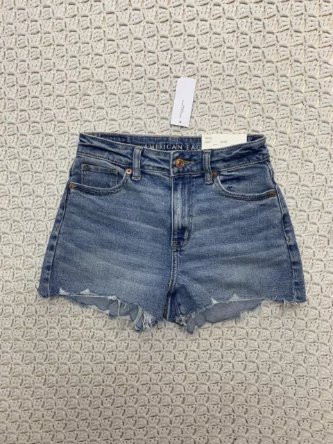 NWT American Eagle Mom Jeans Shorts Womens Sz 0 25W Cut Off  Stretch Blue Denim