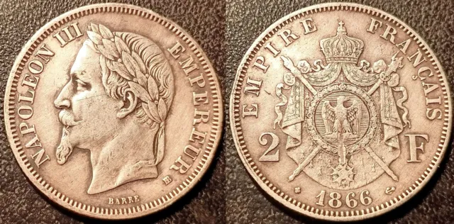 Napoléon III - 2 francs argent tête laurée 1866 BB, Strasbourg TTB+ ! F.263/3