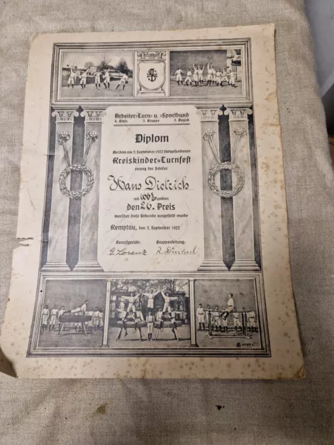 Kreis Kinder Turnfest 1922 Urkunde  Au12367