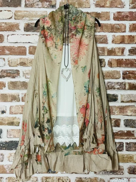 Plus Size Vintage Boho Floral Festival Coachella Kimono Ruffle Vest Duster tAUPE
