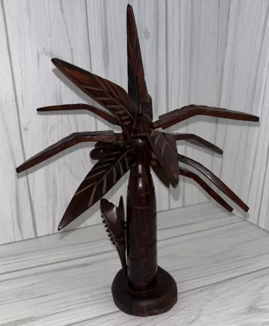 Vintage Tropical Hand CARVED Wooden Coconut Tree w Lizard Coconut Bunch Folk Art