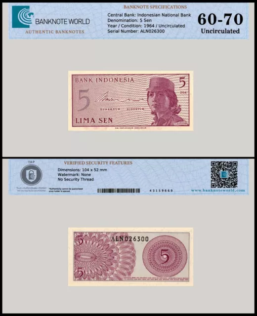 Indonesia 5 Sen, 1964, P-91, UNC, Authenticated Banknote