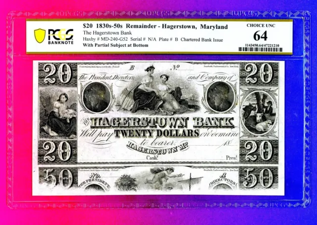 1830s Maryland Hagerstown Bank $20 Obsolete Currency Paper Money PCGS 66 FINEST