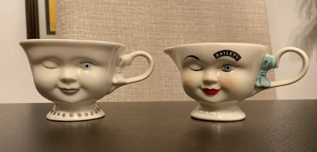 (2) Baileys Winking Eye Girl/Guy Commemorative Porcelain Cup/Creamer Vintage