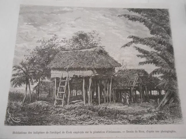 Pacifique Pacifiai Habitation des indigènes de l'archipel de Cook Gravure 1876