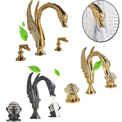 Gold Swan Style Bathroom Basin Sink Faucet 2 Handle 3 Hole Deck Mount Mixer Tap
