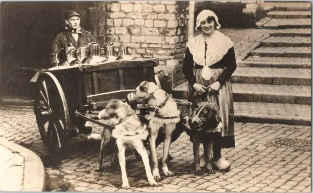 RPPC Vintage Real Photo Postcard Flemish Milkmaid Dogs Pull-Cart PC-16