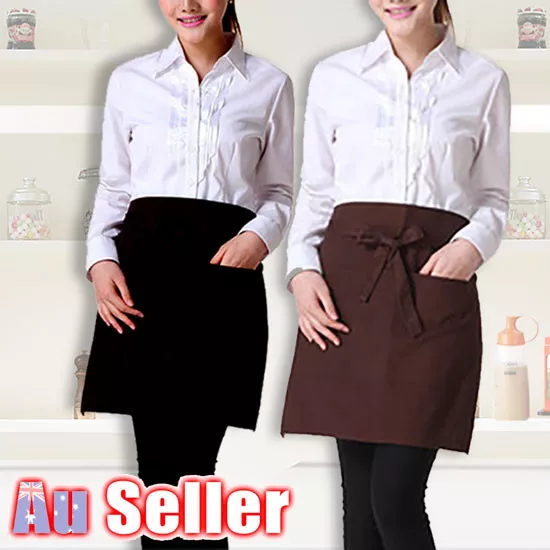 Half Short Waist Black Apron with Front Chef Waiter Pocket Kitchen Craft Bar Pu