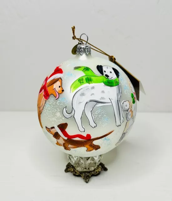 NEW PIER 1 Hand Painted White Glass Ball Christmas Ornament Assorted Dogs 3.5”D