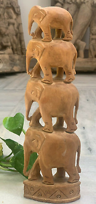 4 Stacked Elephant Statue Vintage Hand Carved Kadam Wood Figurine Table Decor