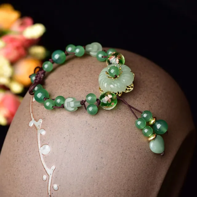 Natural Adjustable Bracelet Jewellery Green Jade Dongling Flower Knitted Amulet
