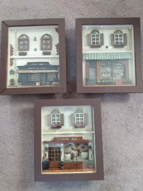 3 Vtg Old Flower Shop-Book Store-Saloon Diorama 3D Picture Art Framed Shadow Box