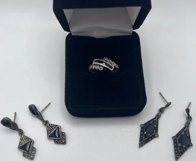 (Lot of 3) Vintage Sterling Silver (925) Black Onyx & Marcasite Earrings & Ring
