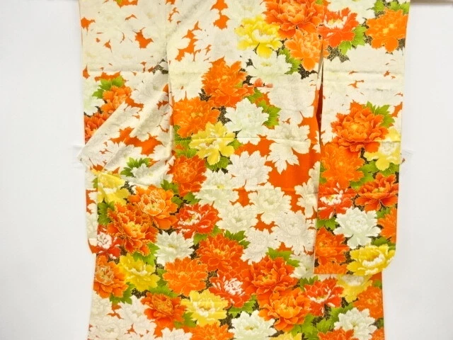 97803# Japanese Kimono / Antique Furisode / Embroidery / Peony