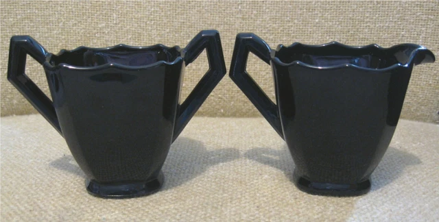 1930's Vintage PADEN CITY "#411 MRS. B" Black Amethyst Glass CREAMER & SUGAR