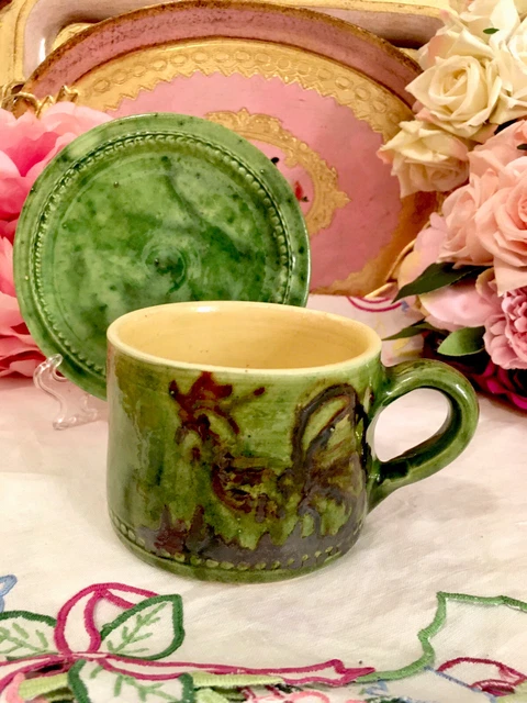 French Saint Jorioz La Poterie d'Annecy Large Green Teacup Saucer Set Earthware