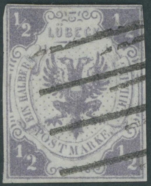 LÜBECK 1859, 1/2 S. dkl`violettgrau, kleiner Eckfehler unten links und obere