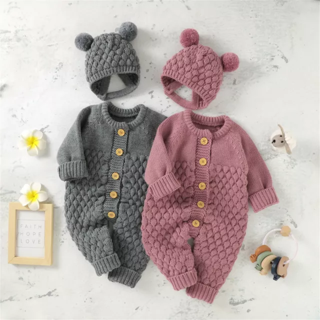 Newborn Baby Girls Boys Cotton Knitted Sweater Romper Jumpsuit+Hat Outfits Set