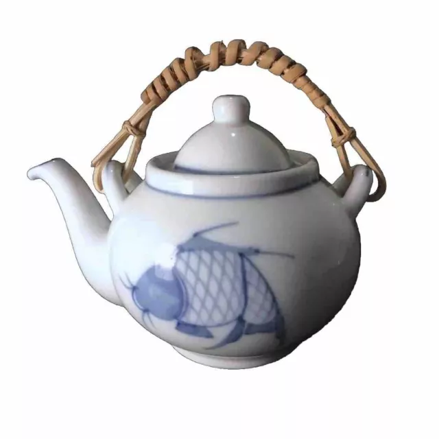 Vintage Chinese Blue And White Koi Carp Fish Porcelain Tea Pot - Rattan Handle