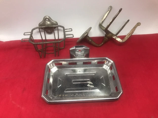 Antique Brass Toothbrush Holder Cup Chrome Soap Dish Art Deco Victorian Lot