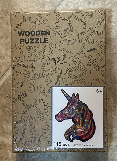 Unicorn Wooden Puzzle Jigsaw, Unique Shaped Puzzle Hidden Animal Pieces 119 PCS