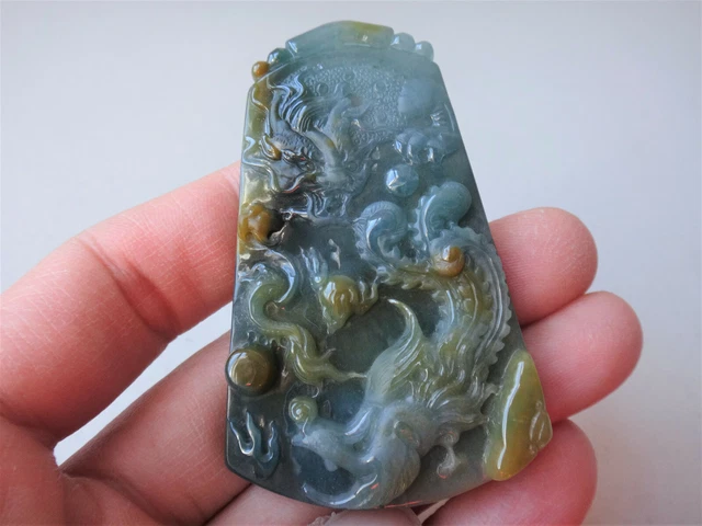 Natural Genuine A Jadeite Jade Blue Green Dragon & Phoenix Pendant