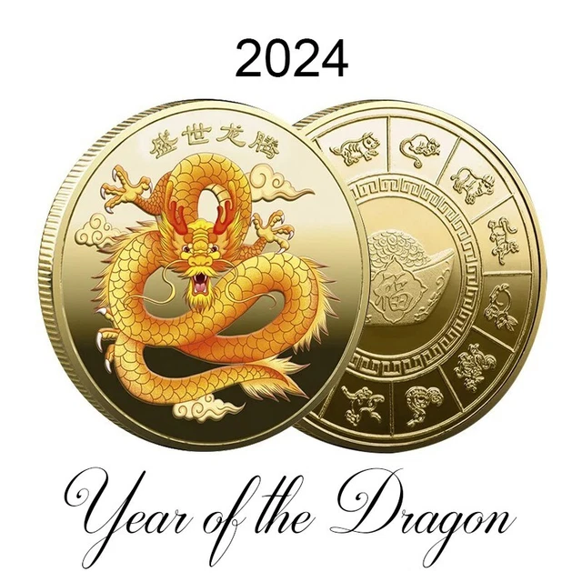 YEAR OF THE Dragon 2024 Gold Chinese Calendar Zodiac Collector Coin