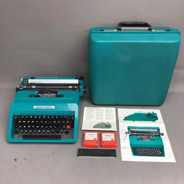 Máquina de escribir Olivetti Studio 45 en caja turquesa vintage x2 cintas portátil CP