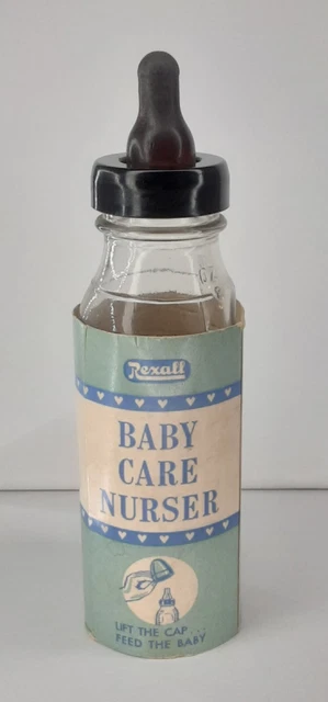 Rexall Drug Baby Care Nurser Glass Bottle with Nipple and Original Label Sleeve