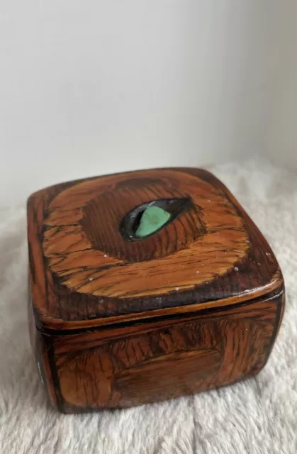 Vintage Walnut Wooden Jewelry Trinket Inlaid Turquoise Design Lidded Box