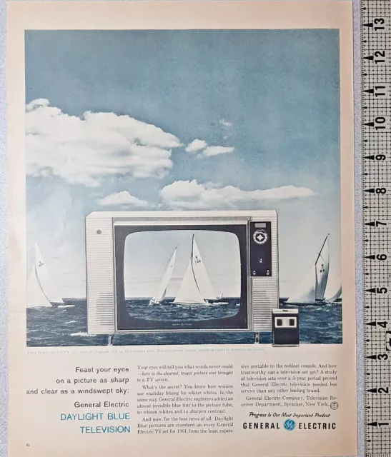 1960 General Electric Vintage Print Ad Television TV Set Console Daylight Blue