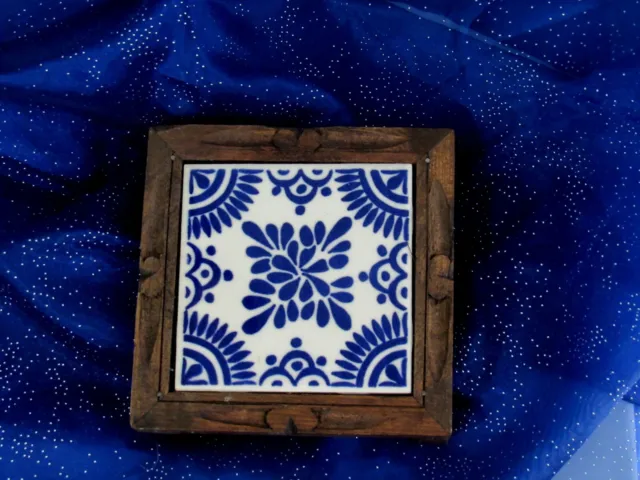 Vtg Mexican Tile Trivet Dal-Tile Blue & White 5 1/2" Wood Carved Base Hand-Made