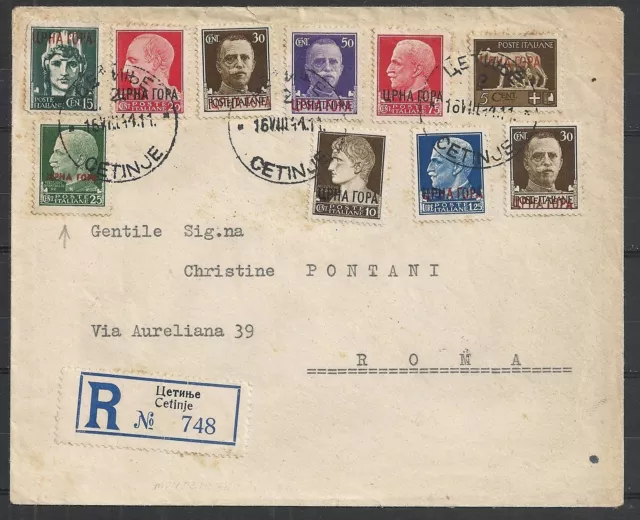 Montenegro covers 1941 INTERESTING! R-cover Cetinje to Roma