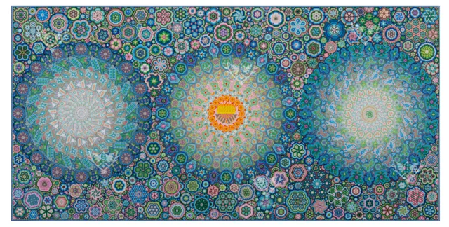 Glass beads painting Huichol art - The Origin | 2.44 x 1.22 m. 2.67 x 1.33 yd