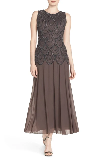 Pisarro Nights 165384 Women's Beaded Mesh Sleeveless A-Line Dress Slate Size 8