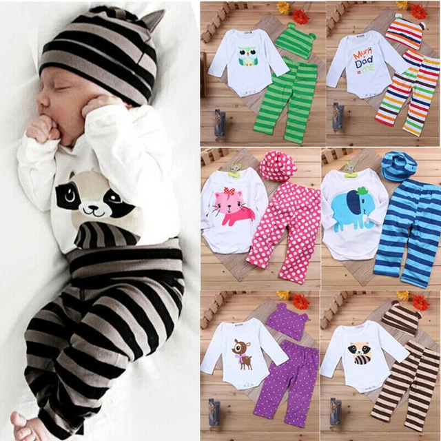 Top a maniche lunghe neonato bambino bambina + pantaloni a righe + set abiti cappello