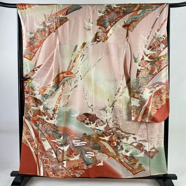 JAPANESE KIMONO FURISODE LONG SLEEVES LADIES WOVEN SILK 100% GOLD COLOR 159cm